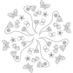 Botanical line draw mandala in black and white with leaf, vine and butterfly vector Illustration.