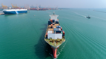 Container ship at sea port for logistic, import export, shipping or transportation.