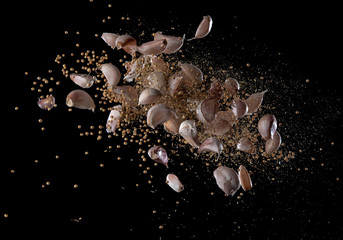 Garlic,various spices, pepper and salt splash or explosion flying in the air isolated on black,Stop...