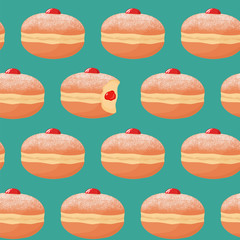 Seamless pattern with sufganiyah donuts (doughnuts) with powdered sugar topping, one donut with missing bite and jam filling. Israel pastry. Traditional Hanukkah dish. Vector illustration. - 247598068