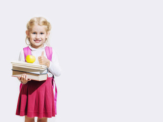 Little child girl beautiful fashionable and happy on isolated background, back to school