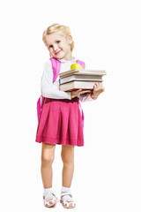 Little child girl beautiful fashionable and happy on isolated background, back to school