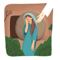 Biblical Story about resurrection, Mary stand near the empty tomb and cry, but doesn't see Jesus. - 247598622