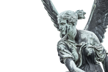 Statue of ancient beautiful winged angel in downtown of Potsdam, isolated at white background,...