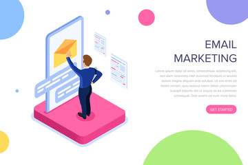 Obraz na płótnie Canvas Email marketing concept with characters. Can use for web banner, infographics, hero images. Flat isometric vector illustration isolated on white background.