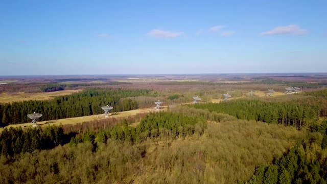 Drone Shot of The Westerbork Synthesis Radio Telescope (WSRT). An aperture synthesis interferometer consisting of a linear array of 14 antennas