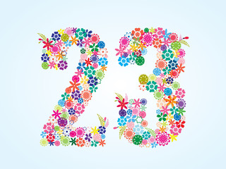 Vector Colorful Floral 23 Number Design isolated on white background. Floral Number Twenty Three Vector Typeface.