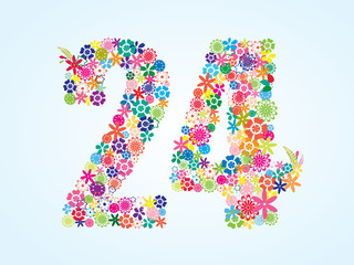 Vector Colorful Floral 24 Number Design isolated on white background. Floral Number Twenty Four Vector Typeface.