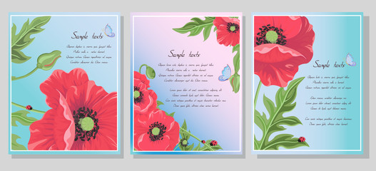 Greeting card with red poppy flowers and blue butterfly on a blue background. Set of templates for invitation cards, wedding, banners, sales, brochure cover design-Vector