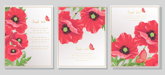 Cards on white background with red poppy flowers, vector leaves, buds, butterfly ladybug. Set of templates for invitation cards, wedding, banners, sales, brochure cover design-Vector