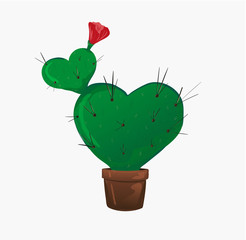 Isolated vector illustration. Heart cactus with a flower  in pot. 