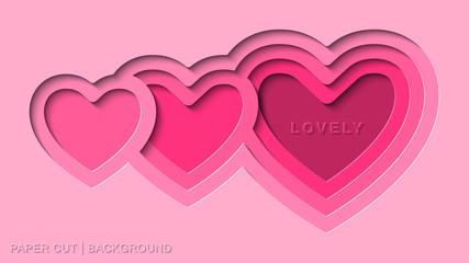 Lovely Pink Paper Cut Background Vector With Deep Heart Paper Cut Flat Style