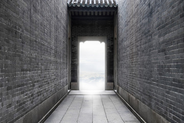 Obraz premium Concept idea image -path to success of light for freedom to success at the end of the vintage brick wall tunnel on outdoor texture background