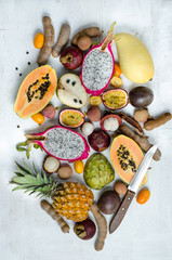 Fototapeta na wymiar Healthy eating, varieity of tropical fruits on a white background.