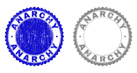 Grunge ANARCHY stamp seals isolated on a white background. Rosette seals with grunge texture in blue and grey colors. Vector rubber watermark of ANARCHY caption inside round rosette.