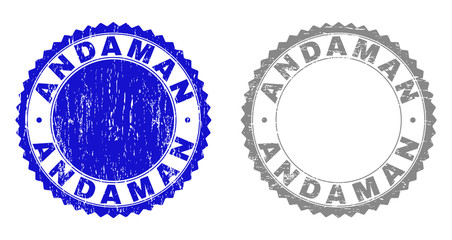 Grunge ANDAMAN stamp seals isolated on a white background. Rosette seals with grunge texture in blue and gray colors. Vector rubber imitation of ANDAMAN tag inside round rosette.