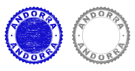 Grunge ANDORRA stamp seals isolated on a white background. Rosette seals with grunge texture in blue and grey colors. Vector rubber overlay of ANDORRA label inside round rosette.