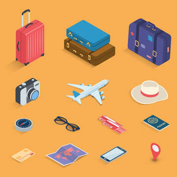 Travel icons in Isometric style. Travel and tourism concept. Vector