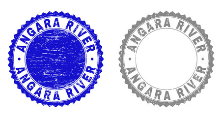 Grunge ANGARA RIVER stamp seals isolated on a white background. Rosette seals with grunge texture in blue and gray colors. Vector rubber imitation of ANGARA RIVER text inside round rosette.