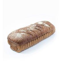 a loaf of rye bread in a white plate on white background