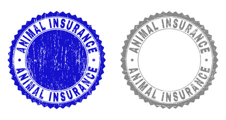 Grunge ANIMAL INSURANCE stamp seals isolated on a white background. Rosette seals with grunge texture in blue and grey colors. Vector rubber overlay of ANIMAL INSURANCE text inside round rosette.