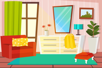 Vector illustration of a cozy cartoon interior of a home room, a living room with an armchair and a chest of drawers, a window and a Ottoman. - 247601886