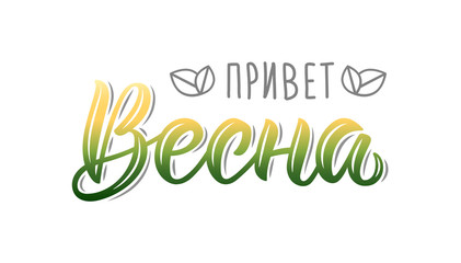 Hello Spring Russian colorful hand lettering quote, fashion art print design. Calligraphic russian colored inscription. Vector