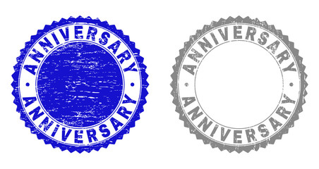 Fototapeta na wymiar Grunge ANNIVERSARY stamp seals isolated on a white background. Rosette seals with grunge texture in blue and grey colors. Vector rubber watermark of ANNIVERSARY label inside round rosette.