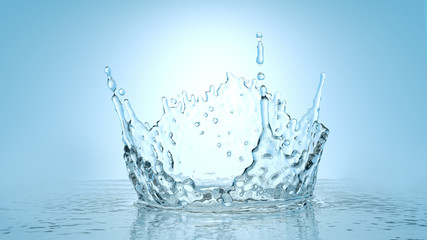 Frozen motion splash crown with waves and droplets on calm water surface realistic 3d illustration. Pure drink fresh source, clean environment and ecology concept. Natural product presentation