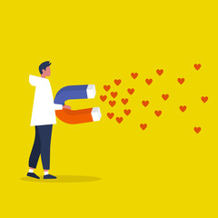 Social media marketing concept. SMM. Young male character attracting heart symbols with a huge magnet / editable flat vector illustration