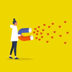 Social media marketing concept. SMM. Young female character attracting heart symbols with a huge magnet / editable flat vector illustration