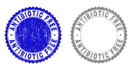 Grunge ANTIBIOTIC FREE stamp seals isolated on a white background. Rosette seals with grunge texture in blue and gray colors. Vector rubber overlay of ANTIBIOTIC FREE caption inside round rosette.