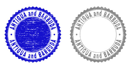 Grunge ANTIGUA AND BARBUDA stamp seals isolated on a white background. Rosette seals with grunge texture in blue and grey colors.