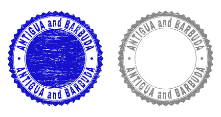 Grunge ANTIGUA AND BARBUDA stamp seals isolated on a white background. Rosette seals with grunge texture in blue and grey colors.
