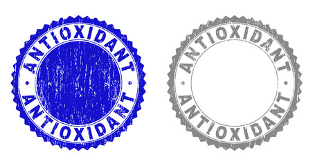 Grunge ANTIOXIDANT stamp seals isolated on a white background. Rosette seals with grunge texture in blue and grey colors. Vector rubber overlay of ANTIOXIDANT label inside round rosette.
