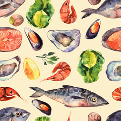 Hand drawn watercolor seamless pattern with seafood.