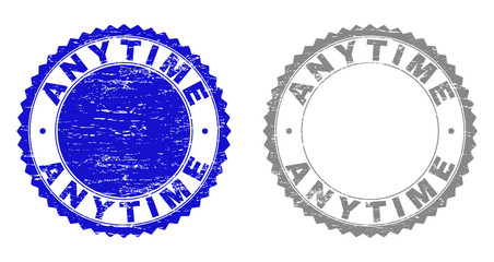 Grunge ANYTIME stamp seals isolated on a white background. Rosette seals with distress texture in blue and grey colors. Vector rubber imitation of ANYTIME caption inside round rosette.