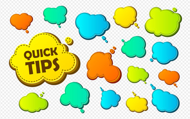 Quick tips, helpful tricks banners. Vector icons of solution. Colorful speech bubbles in style pop art and comics