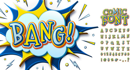 3d cartoon comic font. Kid's alphabet in style of pop art. Multilayer colorful blue-yellow letters on comics book page, speech bubble, burst for decoration of children's illustration, posters, banners