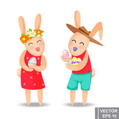 Obraz na płótnie Canvas Happy easter. Rabbit. Egg. Cartoon style. Bright. Emotions. For your design