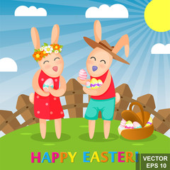Happy easter. Rabbit. Egg. Cartoon style. Bright. Emotions. For your design
