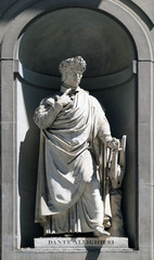 Dante Alighieri in the Niches of the Uffizi Colonnade. The first half of the 19th Century they were occupied by 28 statues of famous people in Florence, Italy.