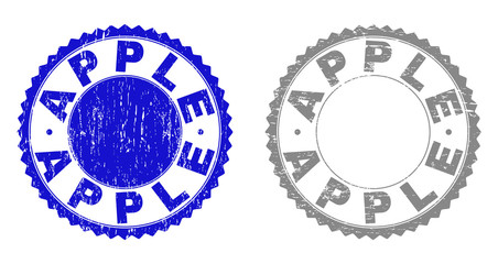 Grunge APPLE stamp seals isolated on a white background. Rosette seals with grunge texture in blue and gray colors. Vector rubber watermark of APPLE text inside round rosette.