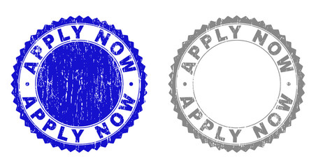 Obraz premium Grunge APPLY NOW stamp seals isolated on a white background. Rosette seals with grunge texture in blue and gray colors. Vector rubber overlay of APPLY NOW caption inside round rosette.