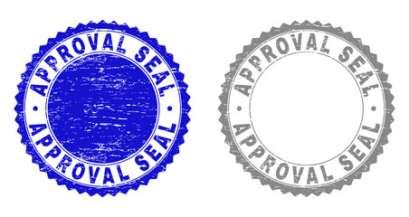Grunge APPROVAL SEAL stamp seals isolated on a white background. Rosette seals with grunge texture in blue and grey colors. Vector rubber imitation of APPROVAL SEAL text inside round rosette.