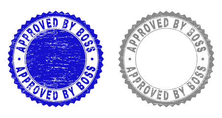 Grunge APPROVED BY BOSS stamp seals isolated on a white background. Rosette seals with grunge texture in blue and gray colors. Vector rubber watermark of APPROVED BY BOSS caption inside round rosette.