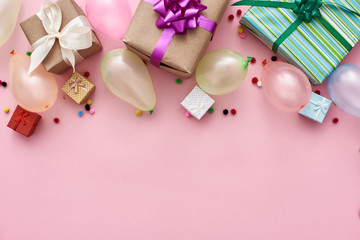 Best birthday party! Colorful balloons, gift boxes and confetti