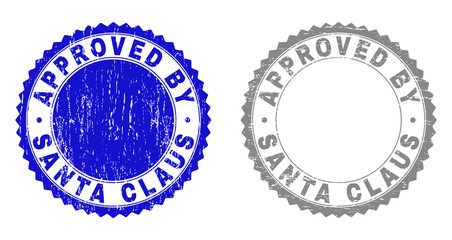 Grunge APPROVED BY SANTA CLAUS stamp seals isolated on a white background. Rosette seals with grunge texture in blue and grey colors.