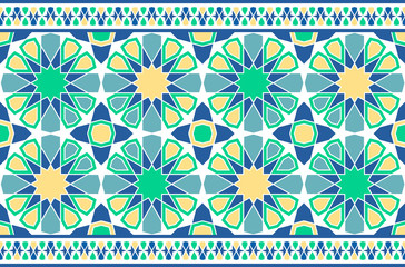 Materiał do szycia Horizontal color arabic seamless ornament pattern. Traditional Islamic Moroccan ornament. Frieze, tile, ceramics, textiles, decorative furnish, interior element, mosque decoration, fabric, Muslim back