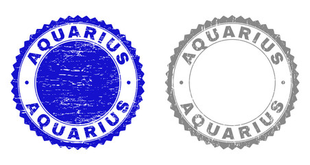 Grunge AQUARIUS stamp seals isolated on a white background. Rosette seals with grunge texture in blue and grey colors. Vector rubber imprint of AQUARIUS tag inside round rosette.